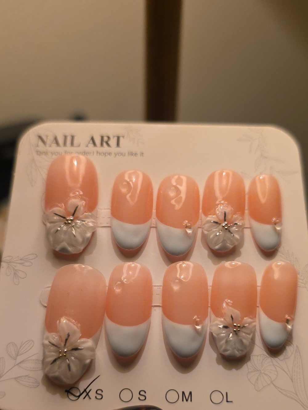 Baby Blur French Tip Press-On Nails with 3D Floral Accents Size Small